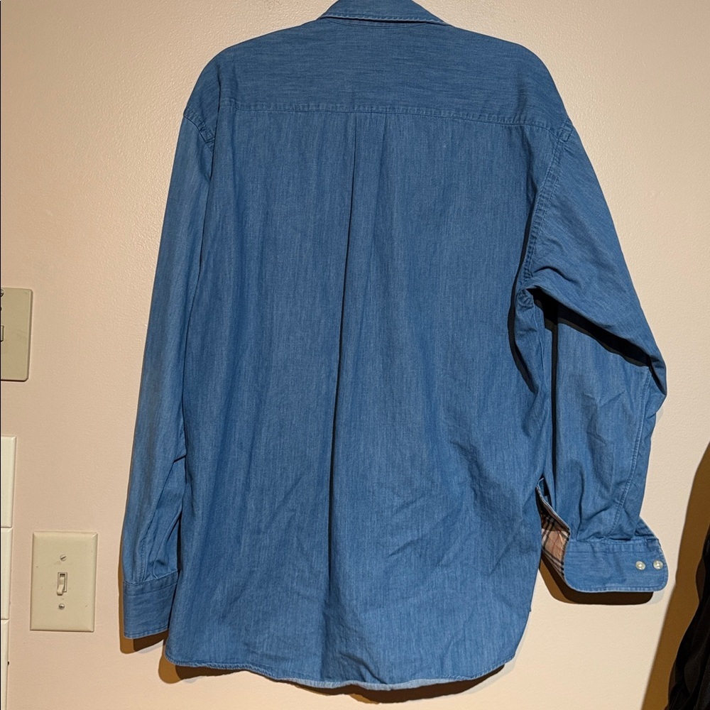 Burberry Blue Denim Shirt with Black Trim and Beige Plaid Collar - Picture 5 of 6